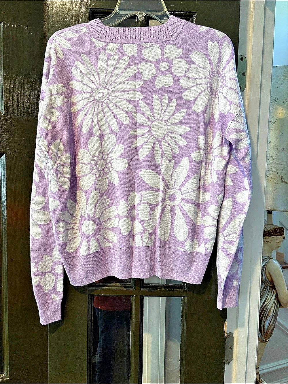 LOFT Daisy Jacquard Crew Neck Sweater Floral Crewneck Sweater in Purple & White